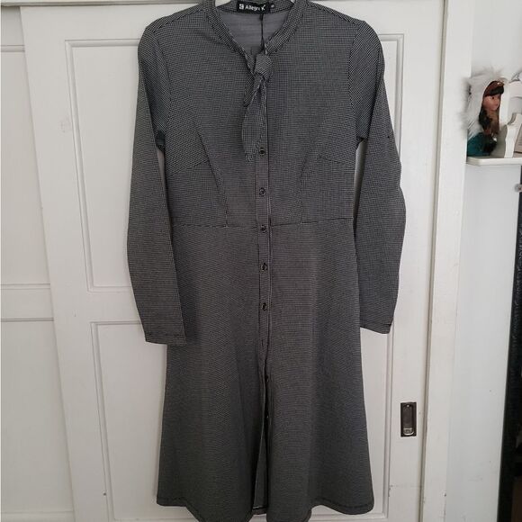 Allegra K Women's Tie Neck Button Up Work Office Plaid Houndstooth Midi Dress  - Picture 4 of 7